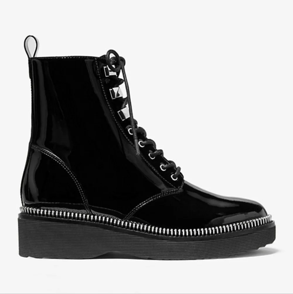 NWT Michael Kors Haskell Black Patent Leather Combat Boots Zipper Trim 8.5